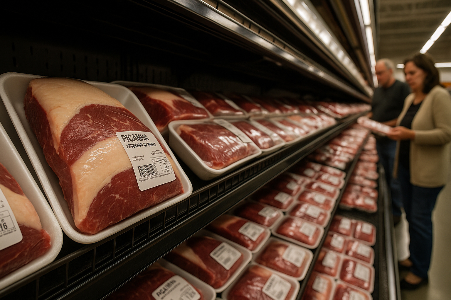 Bandejas de picanha com preço elevado em mercado dos EUA após tarifa imposta por Trump.