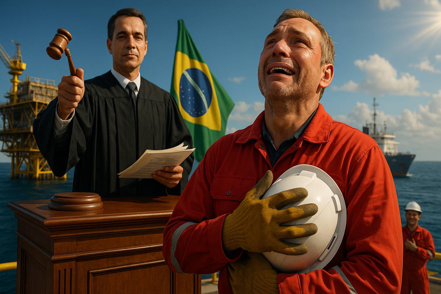 Supervisor offshore emocionado celebra vitória na Justiça do Trabalho com juiz dando sentença favorável em frente a plataforma de petróleo.