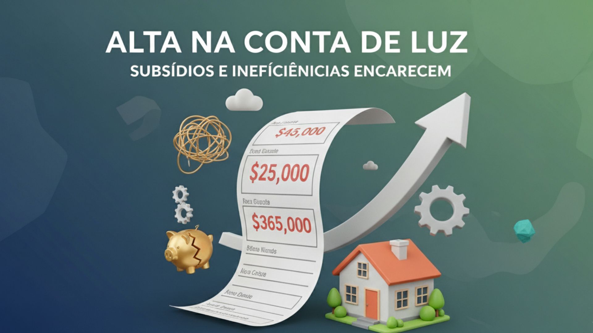 Infográfico sobre o aumento da conta de luz no Brasil, destacando os custos ocultos como subsídios e ineficiências que elevam a tarifa de energia para os consumidores