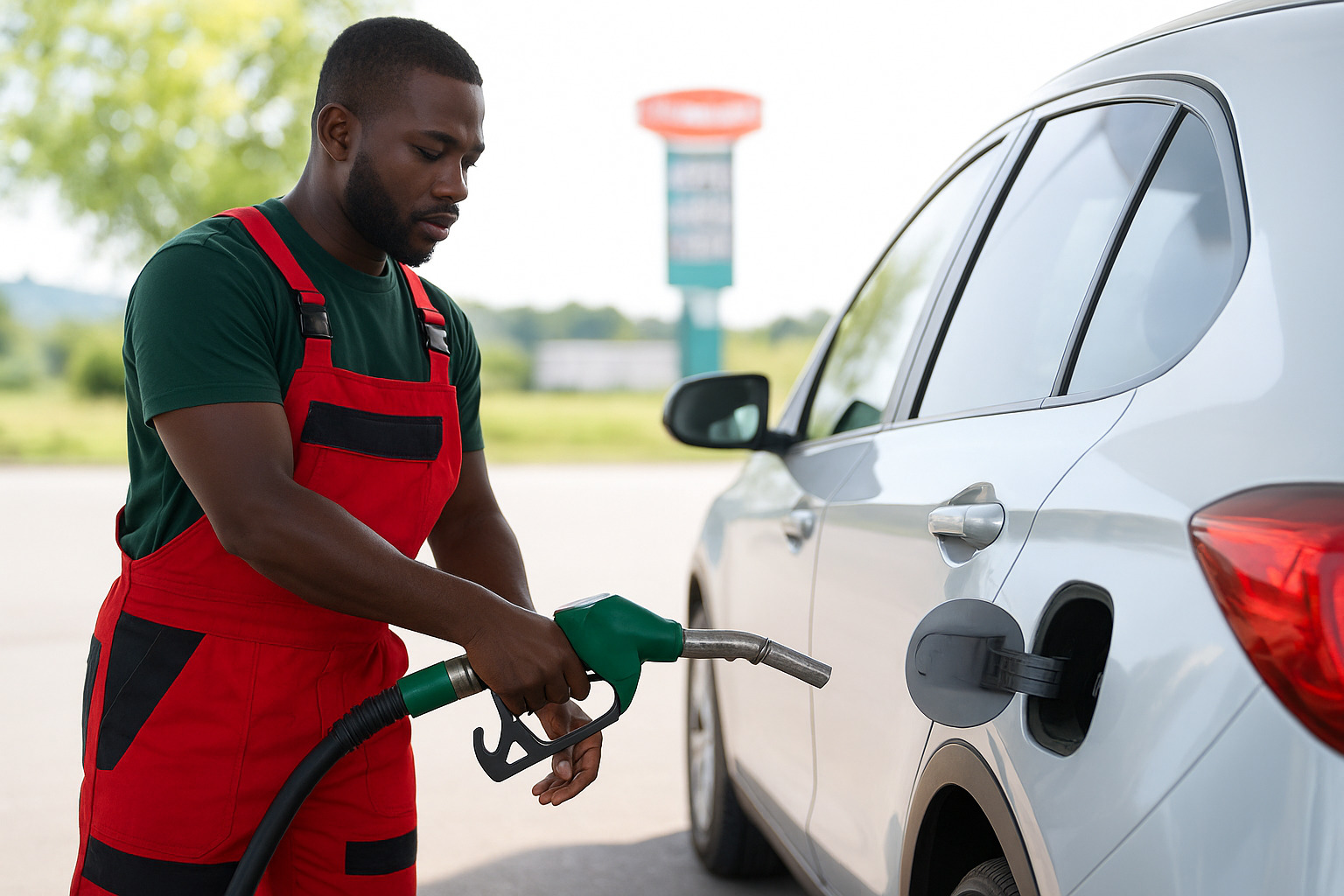 Atendente negro em posto de gasolina operando bomba de combustível.