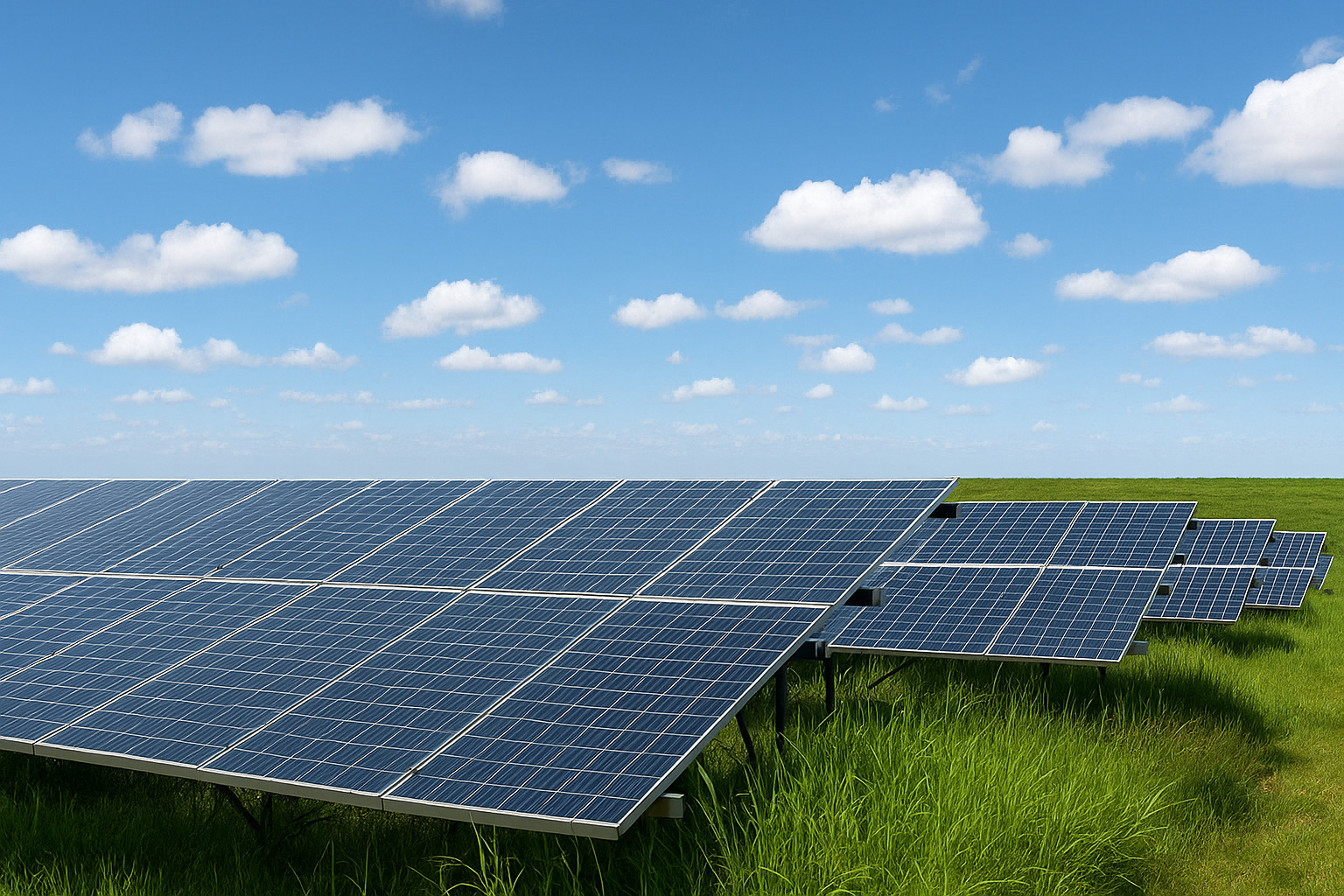 Painéis solares instalados em campo verde sob céu parcialmente nublado ao meio-dia.