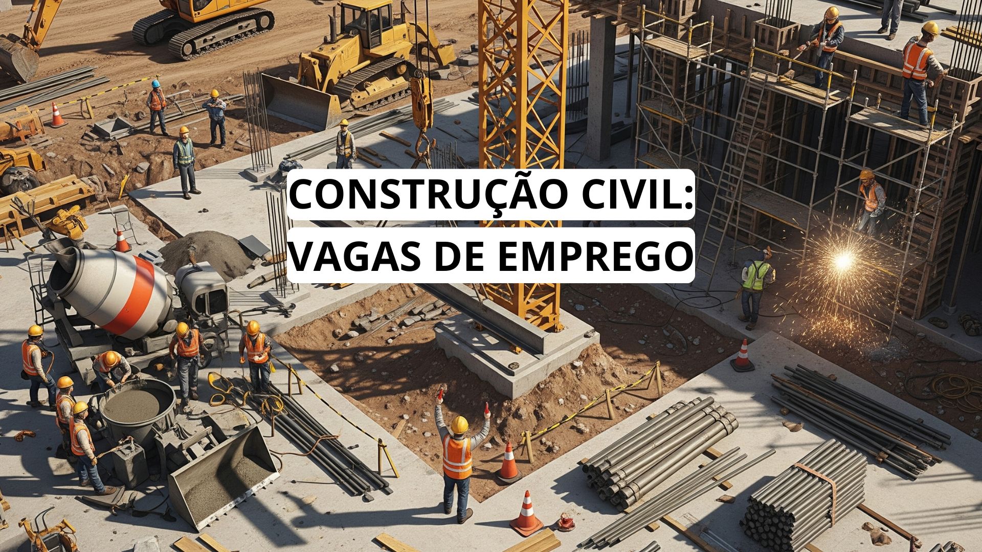 Canteiro de obras com trabalhadores e máquinas em atividade na construção civil, destacando estrutura metálica, equipamentos e ambiente urbano em desenvolvimento.