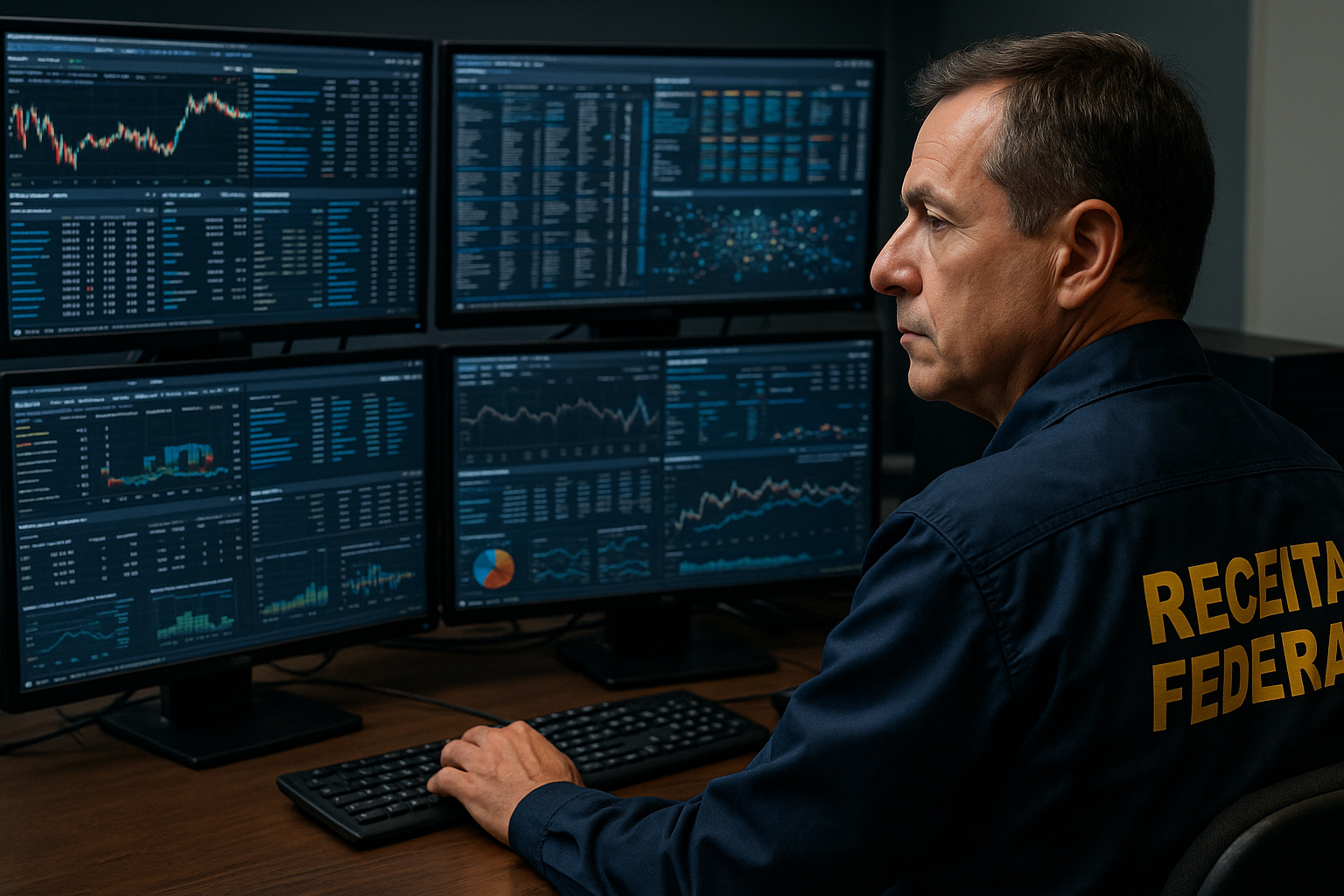 Funcionário da Receita Federal analisa dados em múltiplas telas com uso de inteligência artificial para detectar R$ 11 bilhões em sonegação.