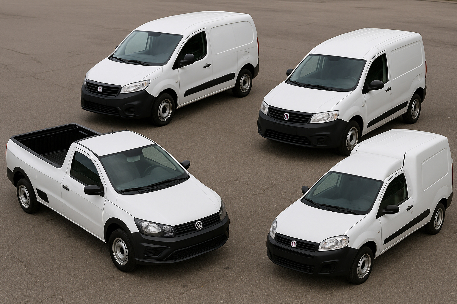 Carros usados Renault Kangoo, Fiat Doblò, Fiat Fiorino e Volkswagen Saveiro alinhados para entregas em 2025