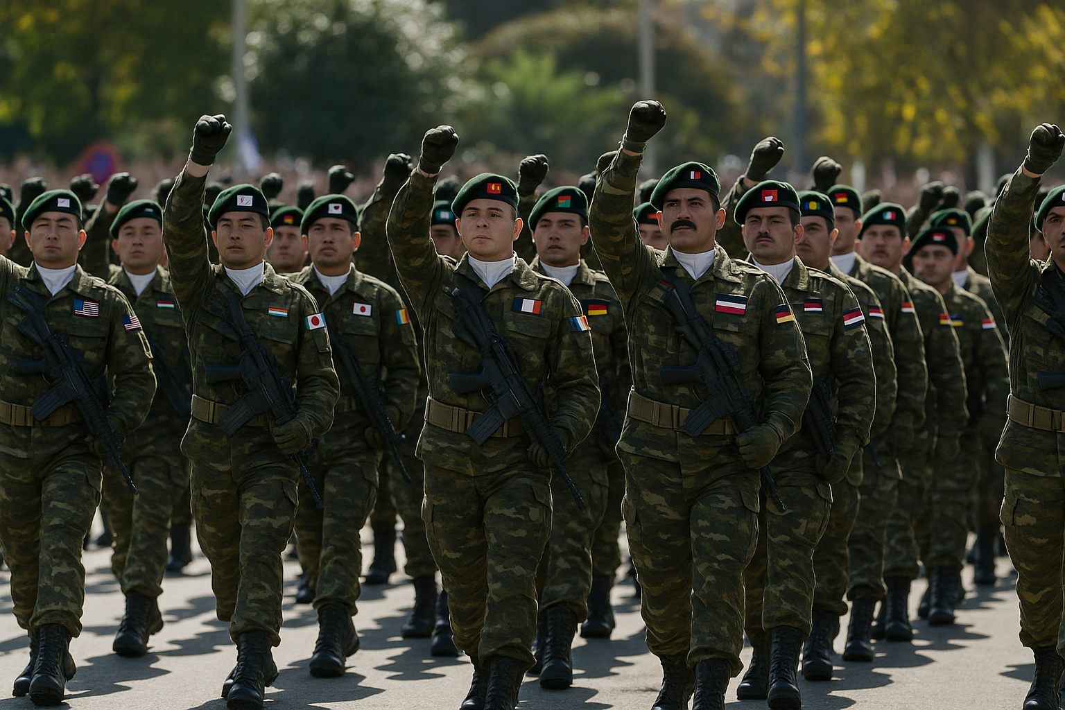 Soldados marchando em formação com bandeiras de potências militares citadas no ranking global de 2025, representando Brasil, Estados Unidos, Rússia, China, Índia, Israel e Irã.