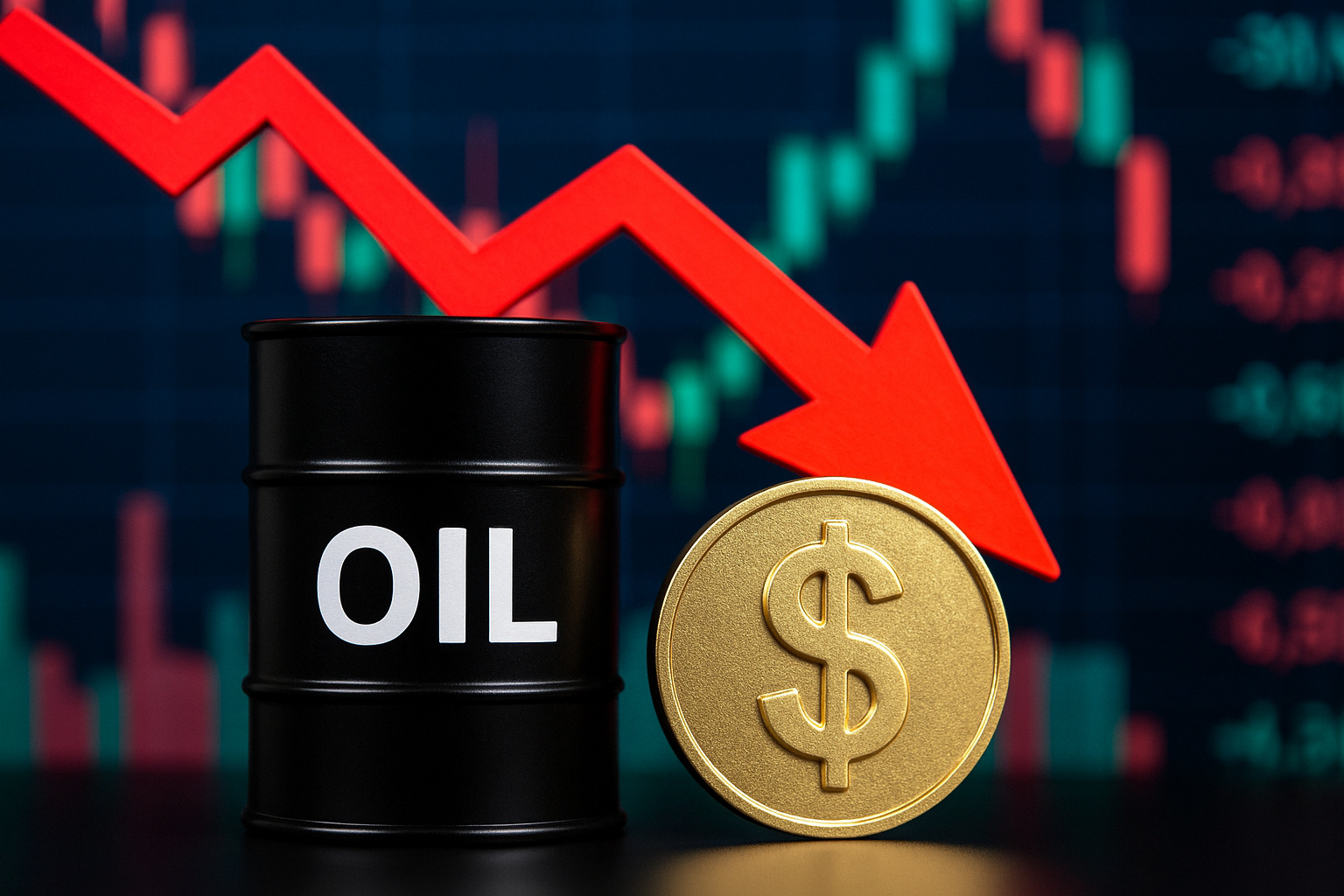 Barril de petróleo e moeda dourada com seta vermelha em queda representando decisão da Opep+ e possível baixa do preço do barril