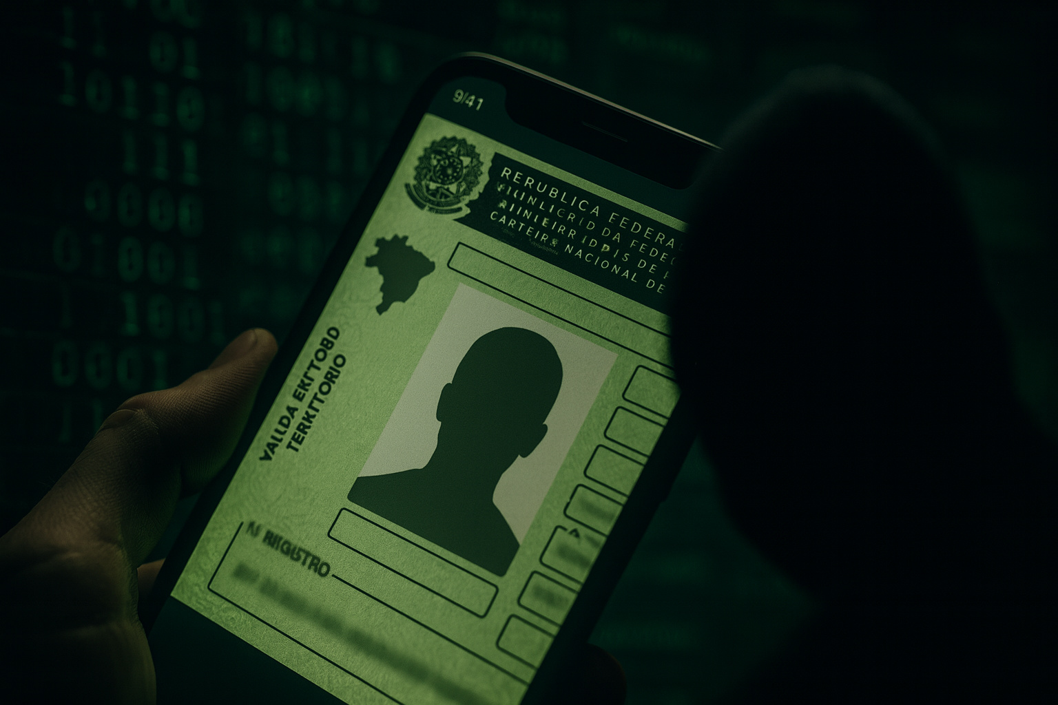 Motorista segura celular com CNH digital falsa enquanto códigos de ataque cibernético aparecem ao fundo.