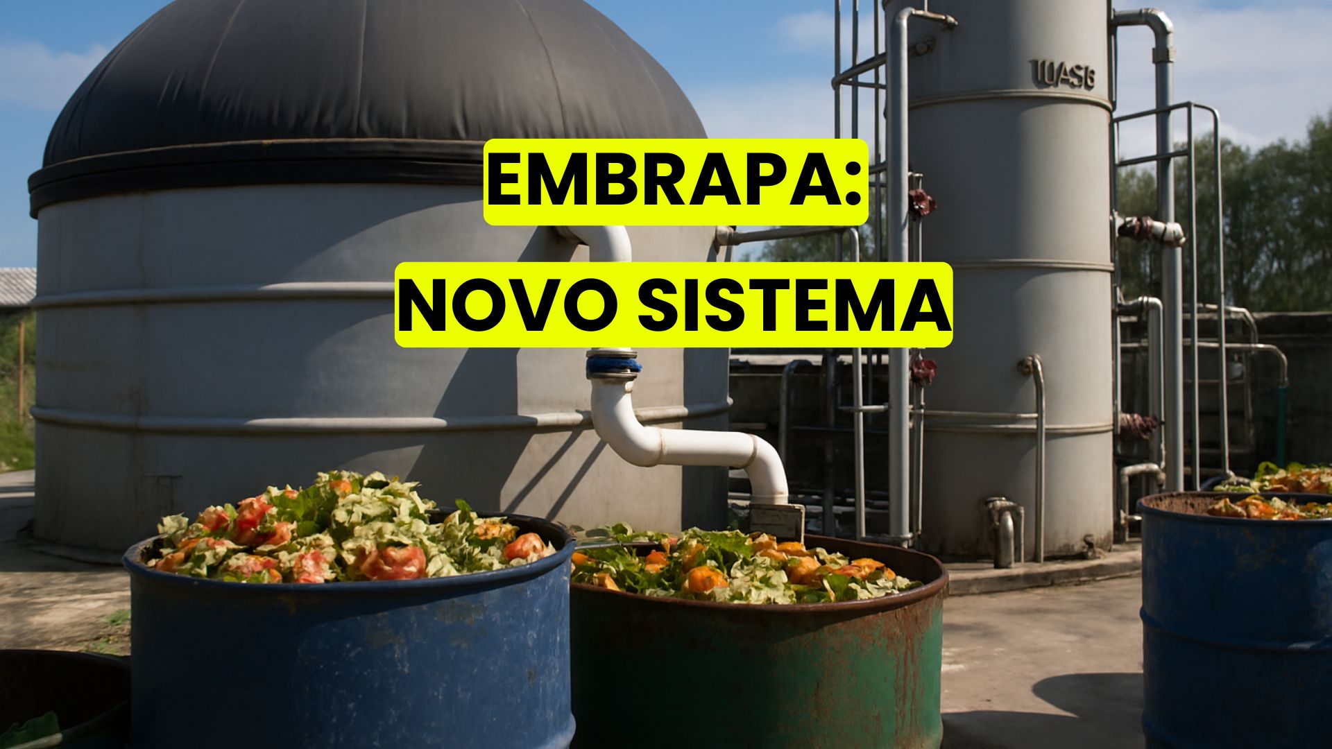 Sistema de produção de biogás com reatores anaeróbios e resíduos de frutas e verduras em barris, em instalação industrial da Embrapa