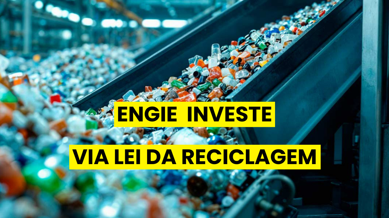 Engie investe em projeto de reciclagem de garrafas de plástico e vidro, mostrando esteiras transportadoras cheias de materiais coloridos em uma fábrica