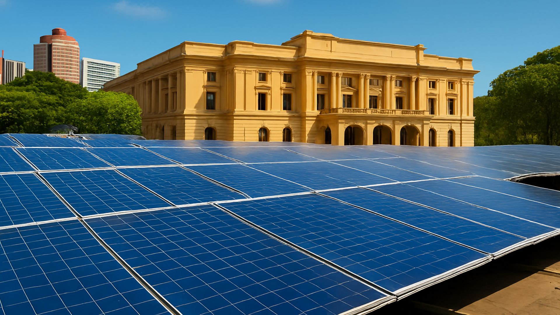 Painéis solares instalados em frente a um edifício histórico de arquitetura neoclássica, sob céu azul com poucas nuvens.