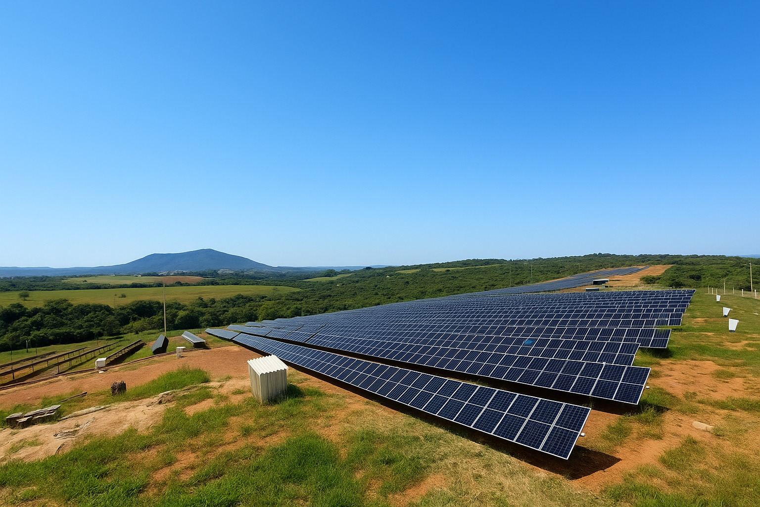 Painéis solares instalados em uma área rural sob céu limpo e ensolarado.