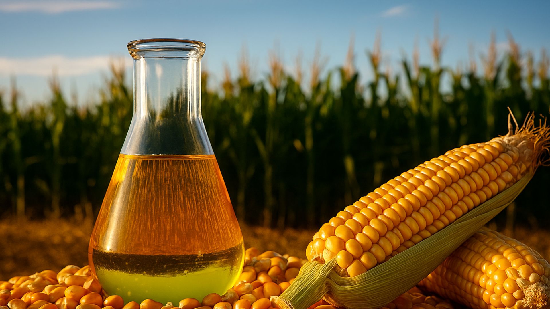 Frasco de vidro com óleo de milho cercado por grãos e espiga, com plantação ao fundo sob céu azul