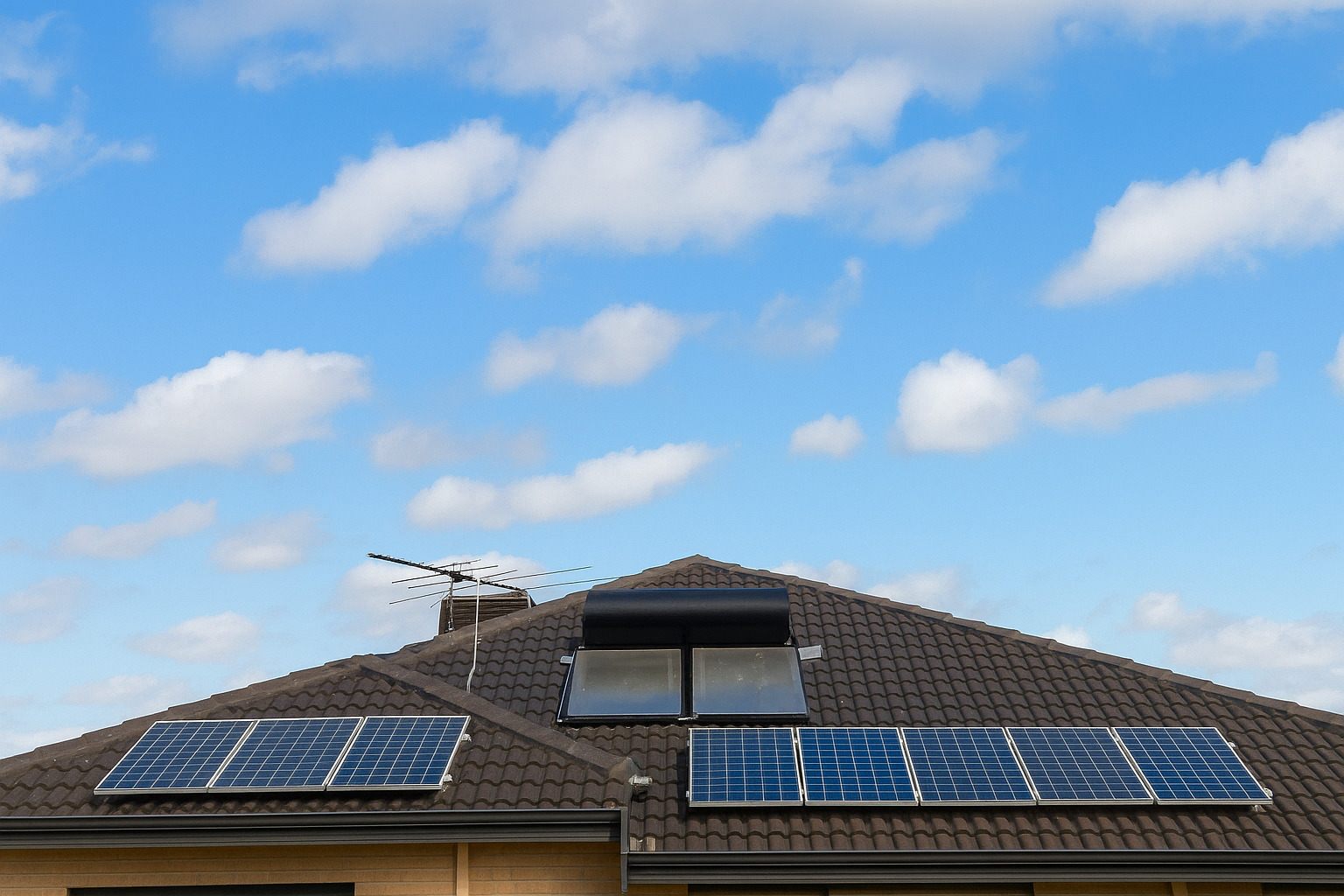 Painel solar instalado no telhado de uma residência sob um céu parcialmente nublado.