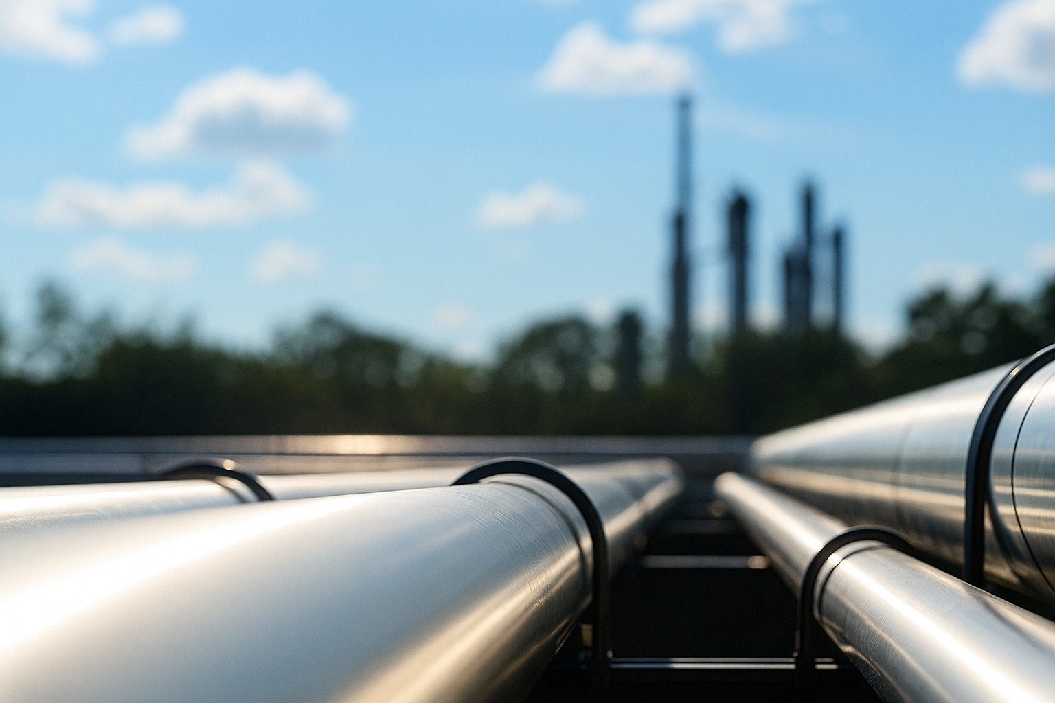 Tubulações metálicas em refinaria ao meio-dia com céu parcialmente nublado.