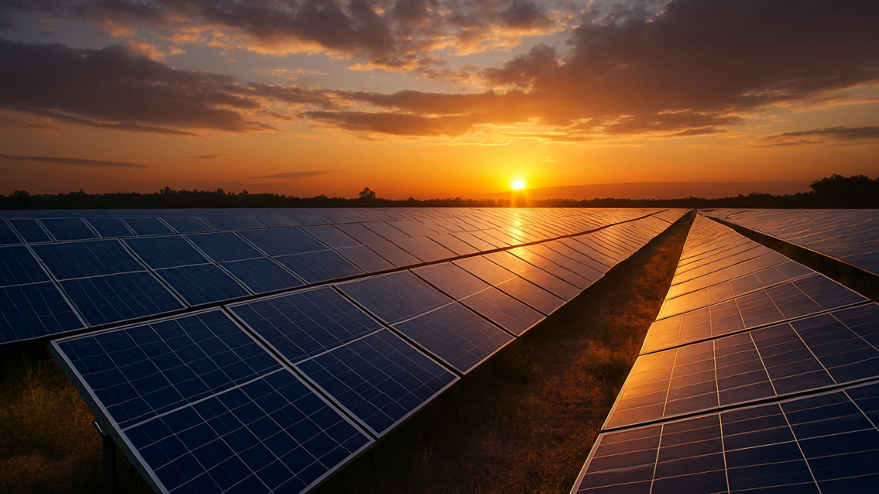 Usina solar ao pôr do sol com painéis fotovoltaicos alinhados em campo aberto, refletindo a luz dourada do entardecer
