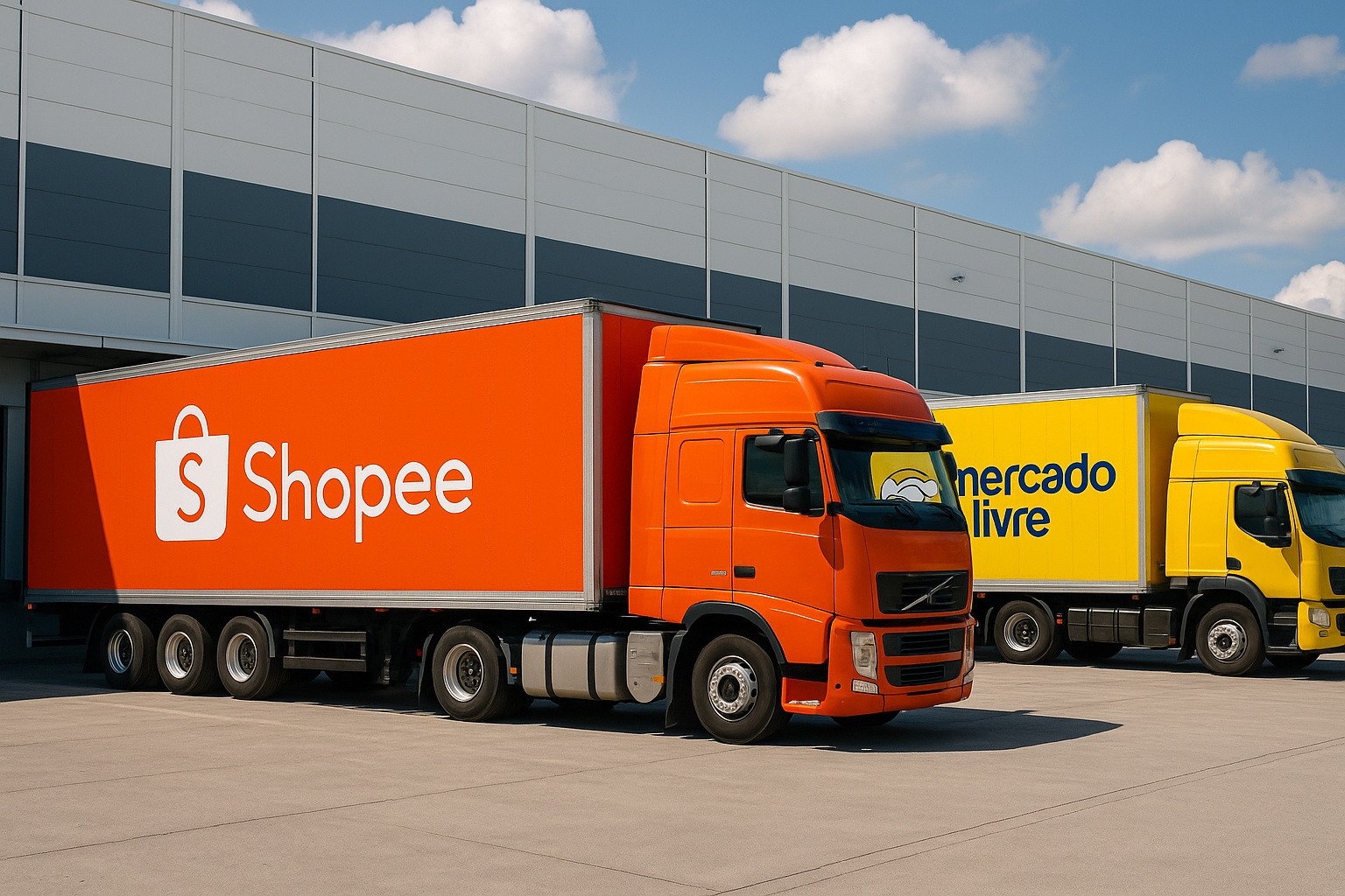 Caminhões da Shopee e Mercado Livre estacionados em frente a galpão logístico moderno em Santo André