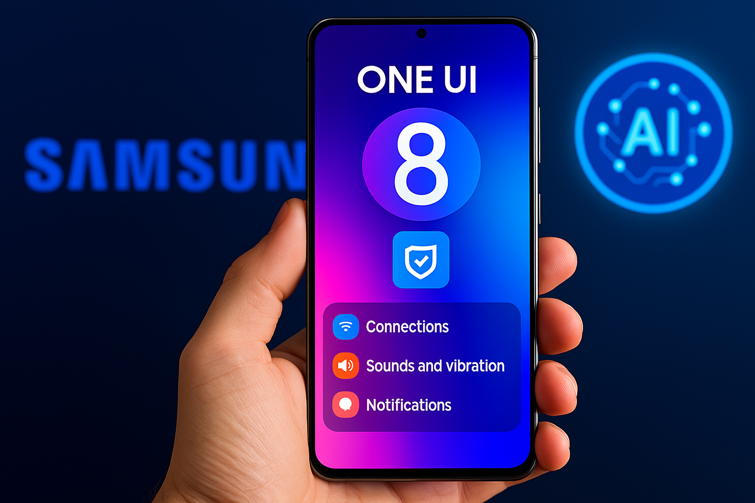 Smartphone Samsung Galaxy exibindo a nova interface One UI 8 com recursos de inteligência artificial e segurança avançada.