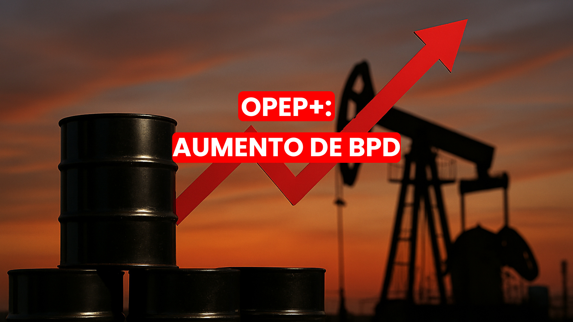 Imagem de barris de petróleo em primeiro plano com uma seta vermelha apontando para cima, indicando aumento na produção. Ao fundo, silhuetas de bombas de extração de petróleo durante o pôr do sol.