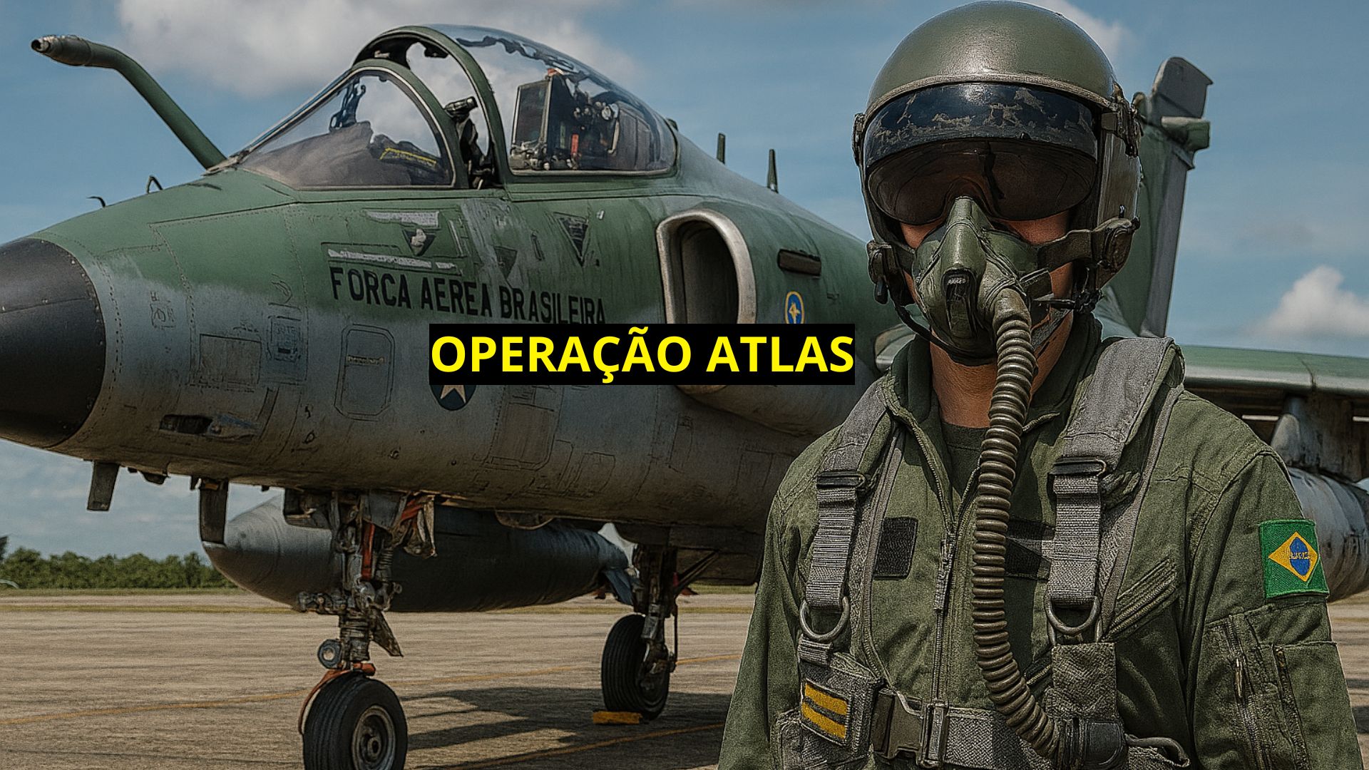Piloto da Força Aérea Brasileira em traje de voo completo, posicionado em frente a uma aeronave A-1M na pista de uma base aérea em Boa Vista (RR), sob céu parcialmente nublado.