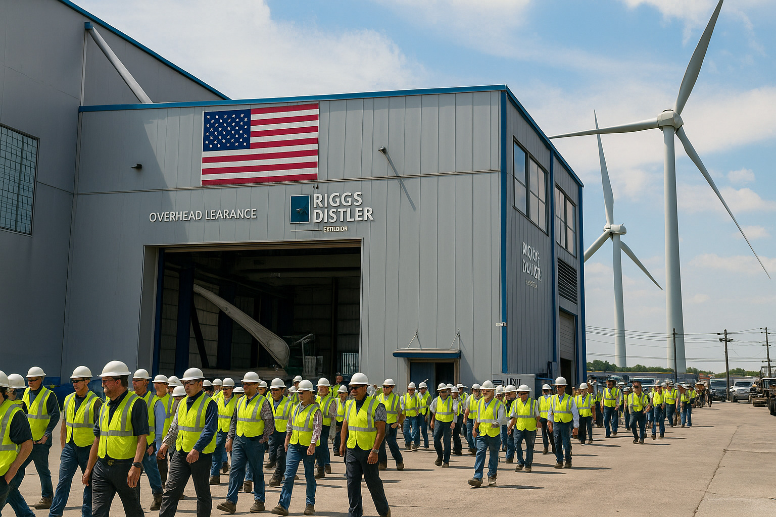 Trabalhadores em frente a instalação industrial de energia eólica