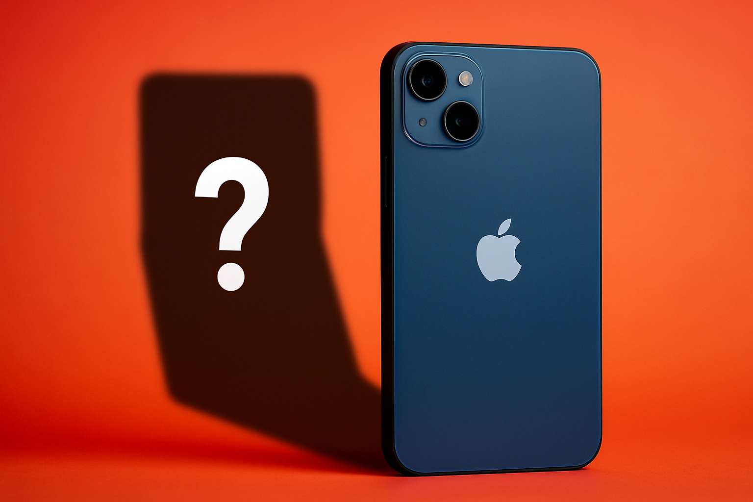 Sombra de um iPhone dobrável com ponto de interrogação, sugerindo mistério sobre o lançamento da Apple em 2026