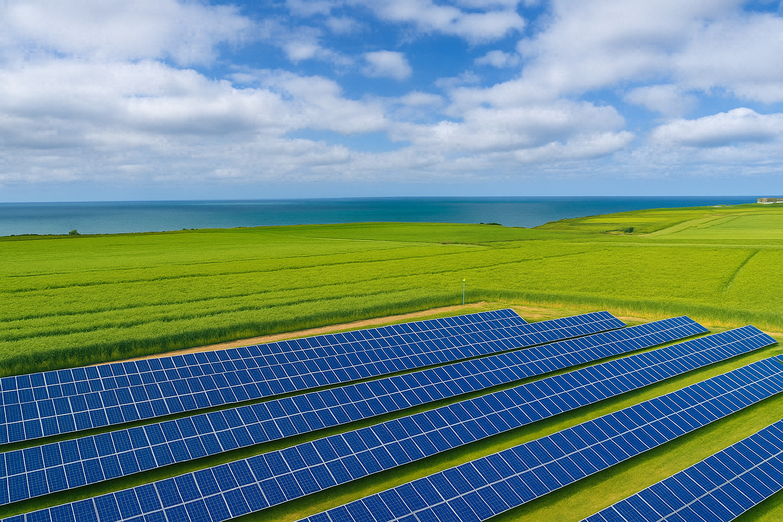 Painéis solares instalados em um campo verde com céu parcialmente nublado e vista para o mar.
