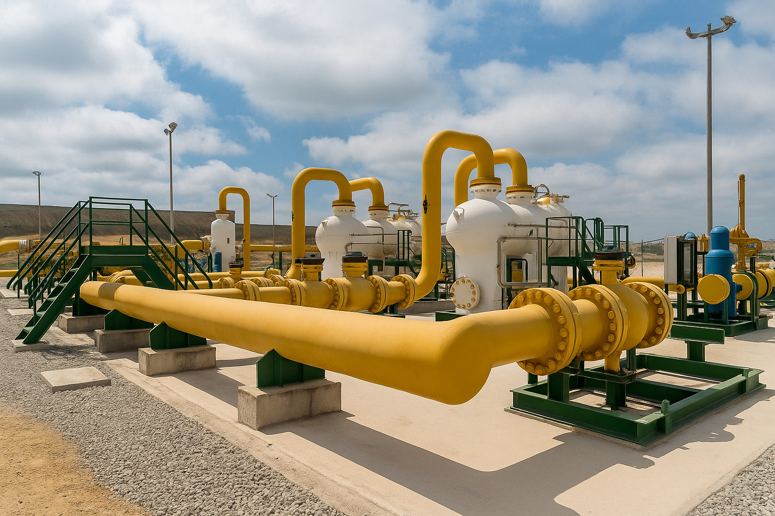 Estrutura de gasoduto industrial com tubulações amarelas sob céu parcialmente nublado.