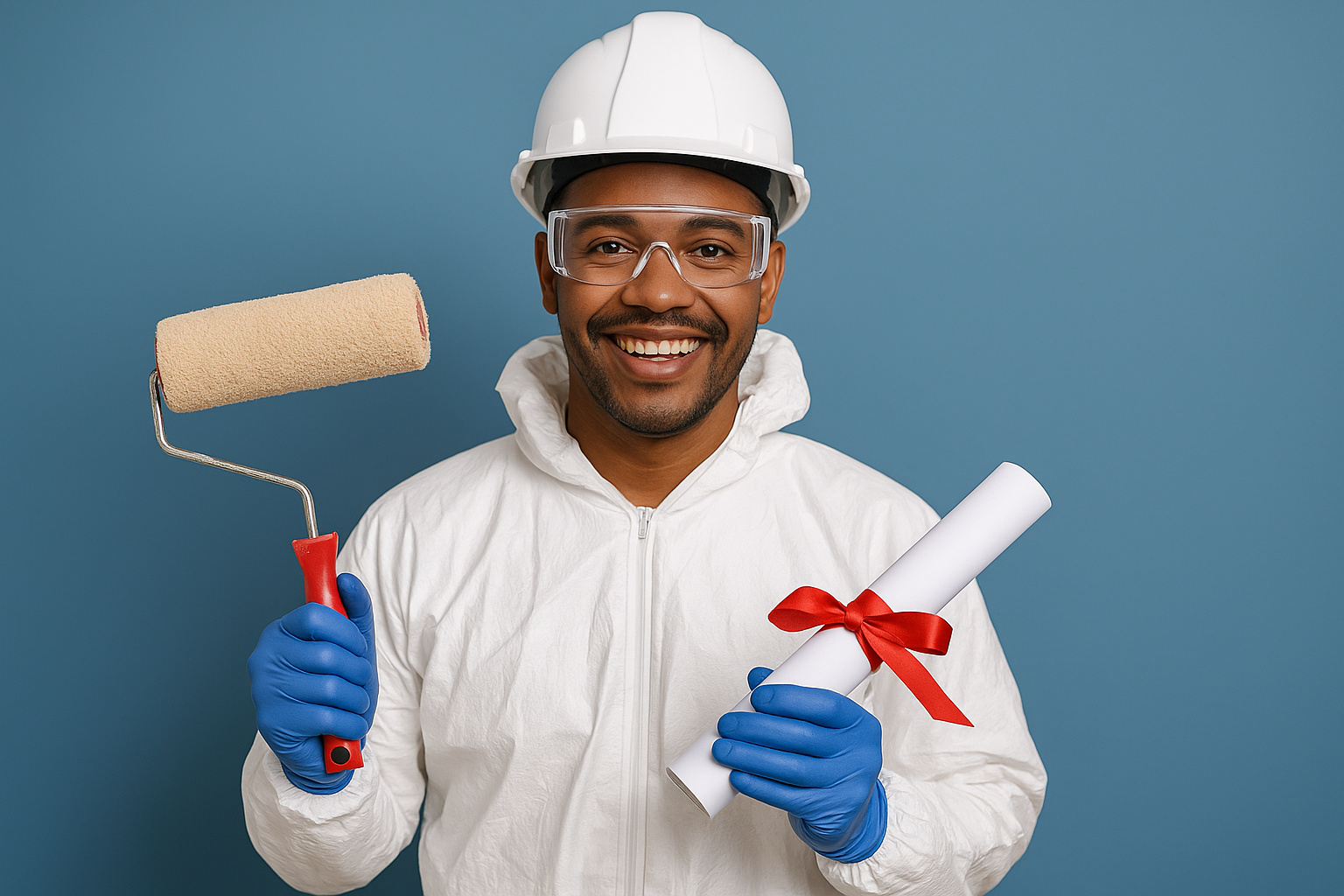 Pintor industrial segurando diploma de conclusão de curso gratuito da Petrobras em São José dos Campos