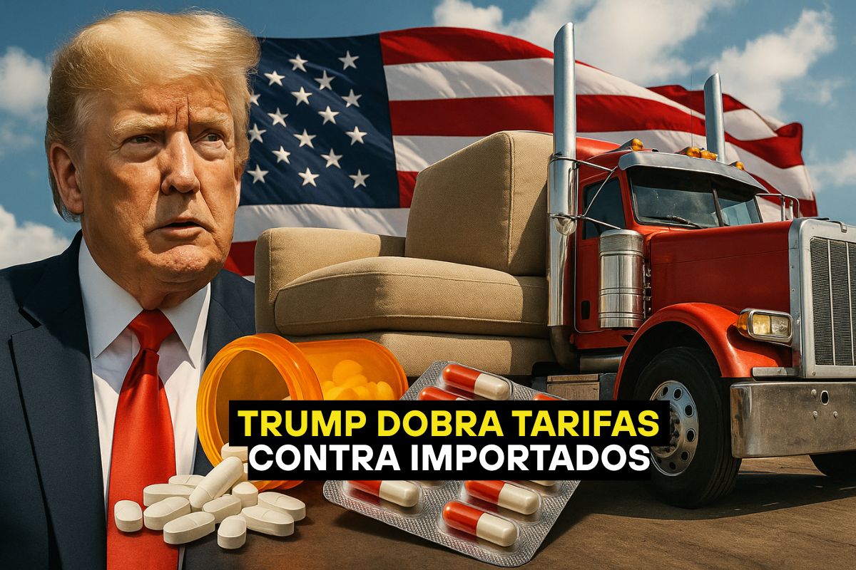 Trump anuncia tarifas de até 100% sobre medicamentos, móveis e caminhões pesados, prometendo proteger empregos e a indústria dos EUA por segurança nacional.