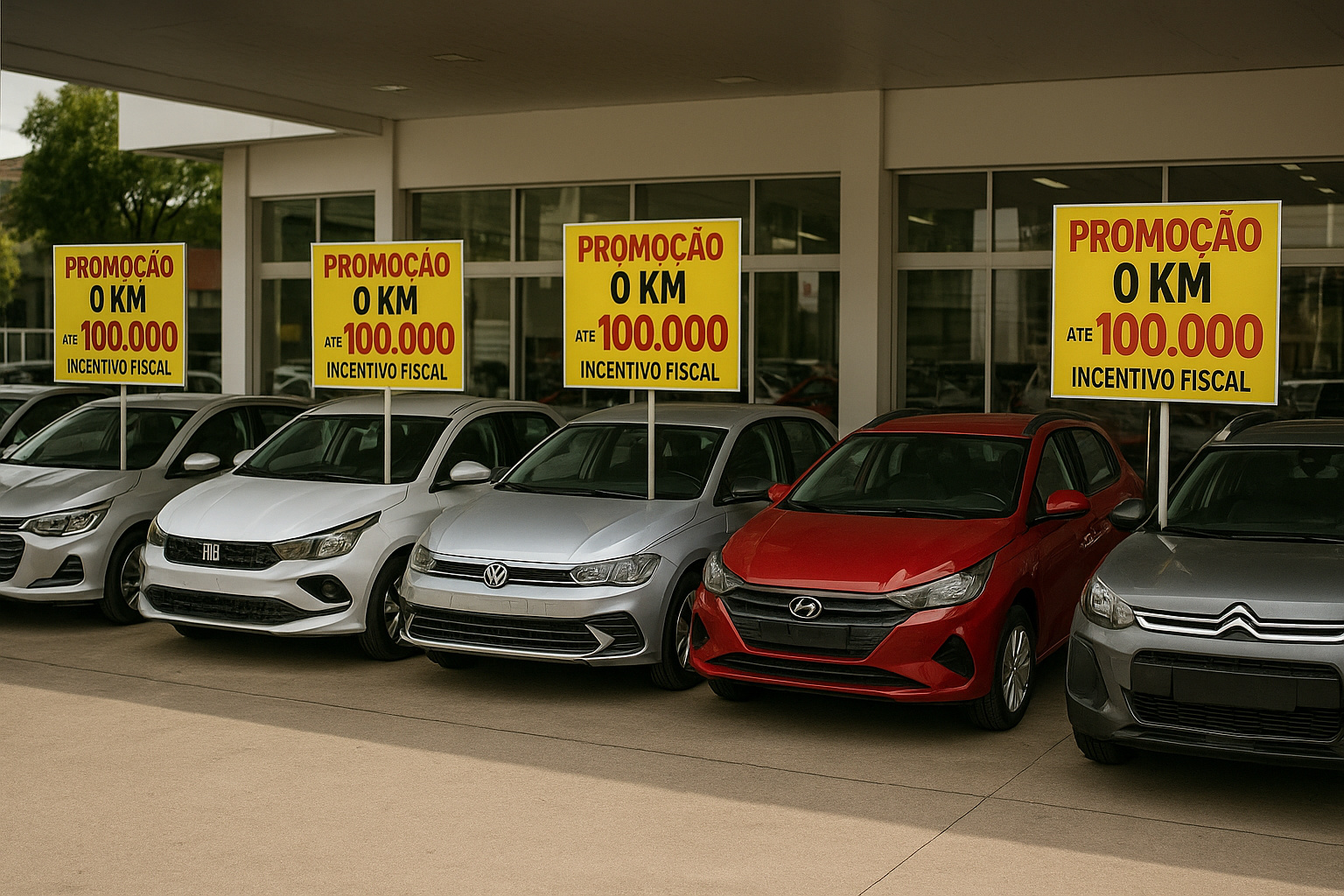 Carros novos de até R$ 100 mil com desconto em concessionária brasileira após programa Carro Sustentável.