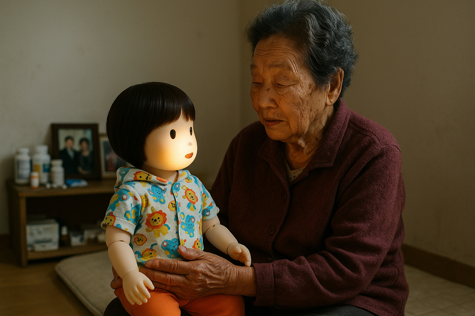 Idosa em Seul segura boneca robô Hyodol que auxilia no cuidado de idosos.