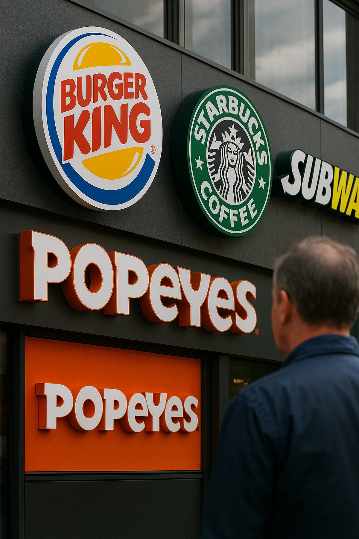 Fachada com logos do Burger King, Popeyes, Starbucks e Subway, simbolizando a expansão da Zamp após saída da B3.