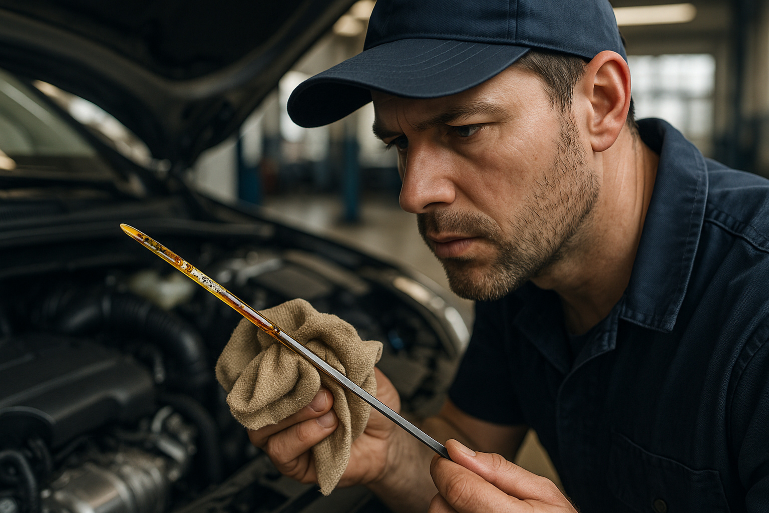 Mecânico verificando vareta de óleo para identificar adulteração no motor do carro.