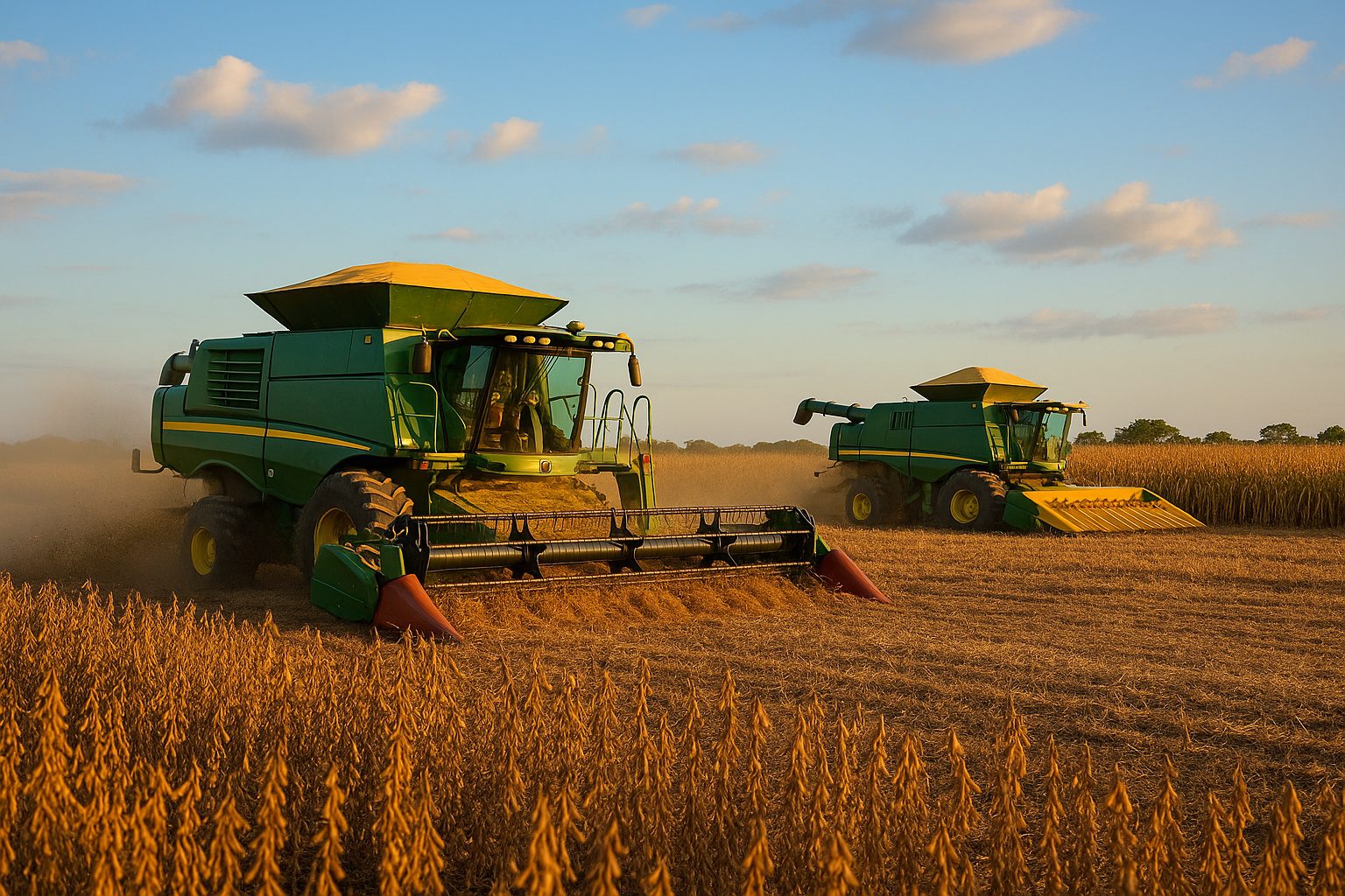Colheitadeiras trabalham em campo de grãos no Brasil durante safra recorde de 2025.