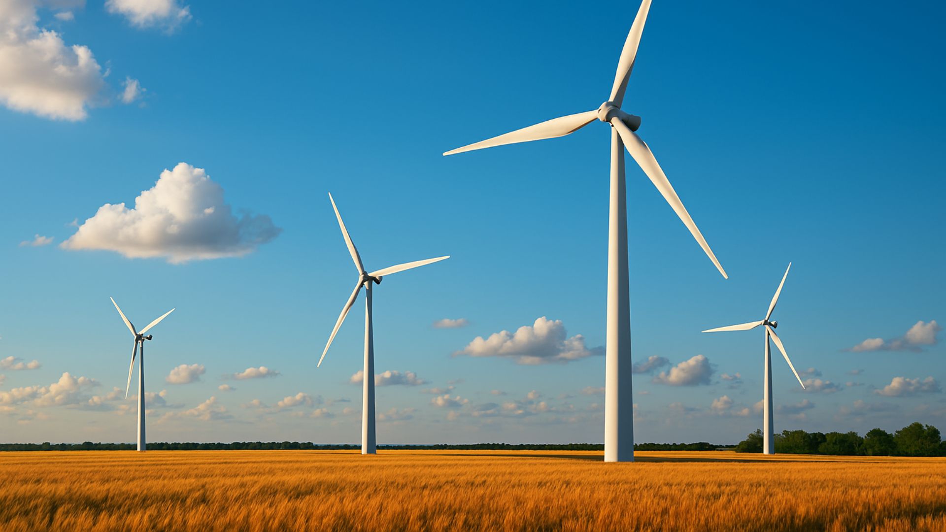 Parque eólico com quatro turbinas brancas em campo dourado sob céu azul com nuvens, capturado em dia ensolarado.