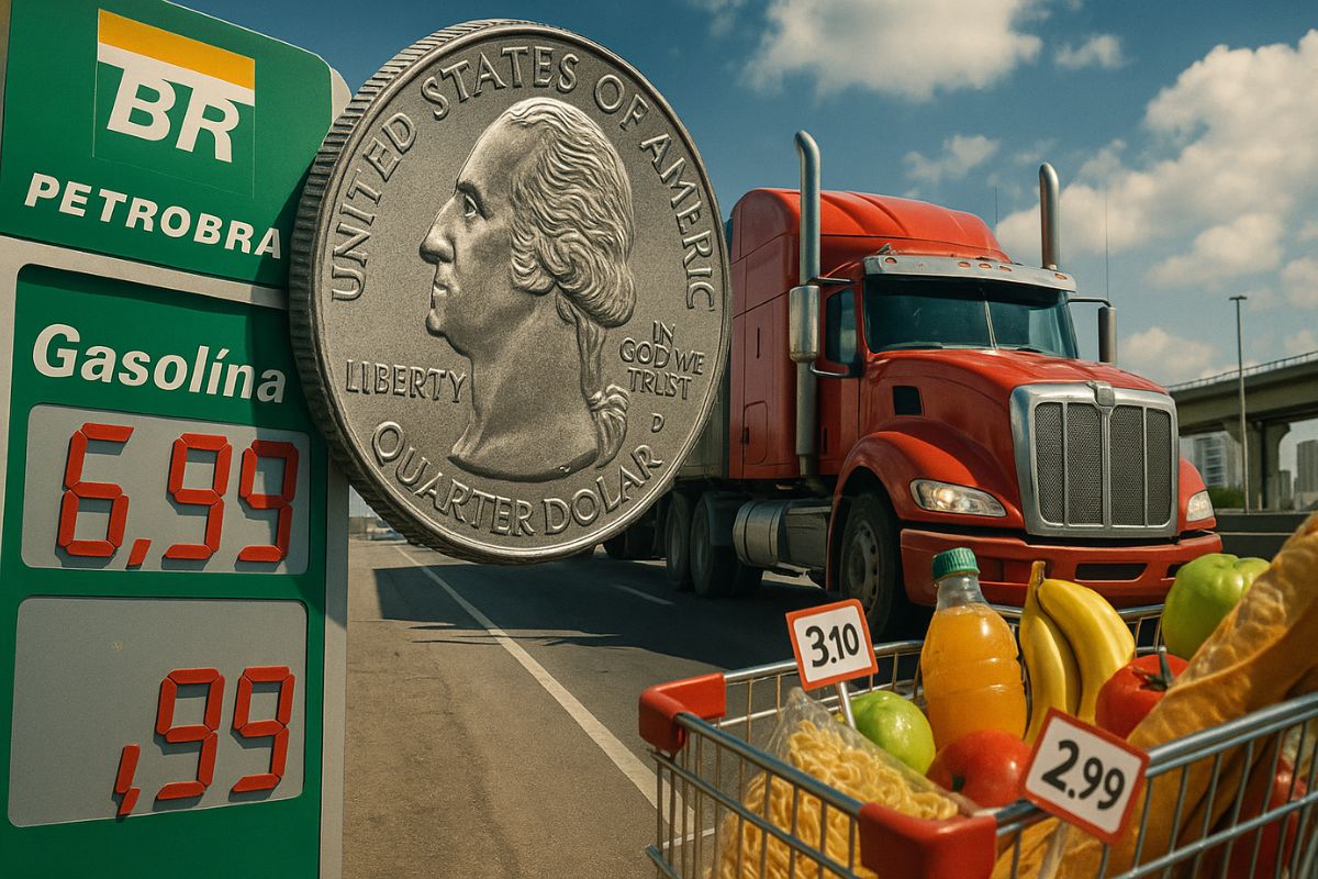 A política de preços da Petrobras, influenciada pelo dólar, eleva o custo da gasolina, do transporte e alimenta a inflação em toda a economia brasileira.