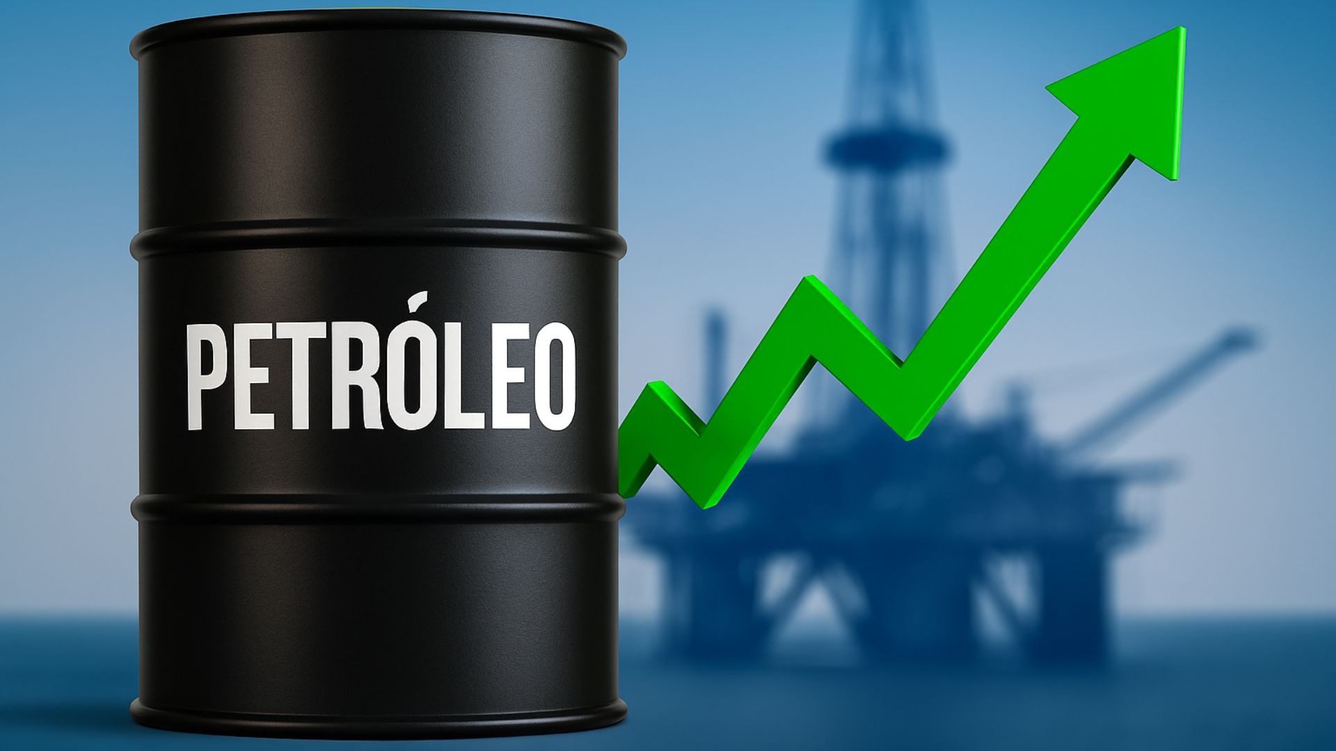 Barril preto com a palavra "Petróleo" em destaque, ao lado de uma seta verde 3D apontando para cima, com uma plataforma de petróleo desfocada ao fundo.
