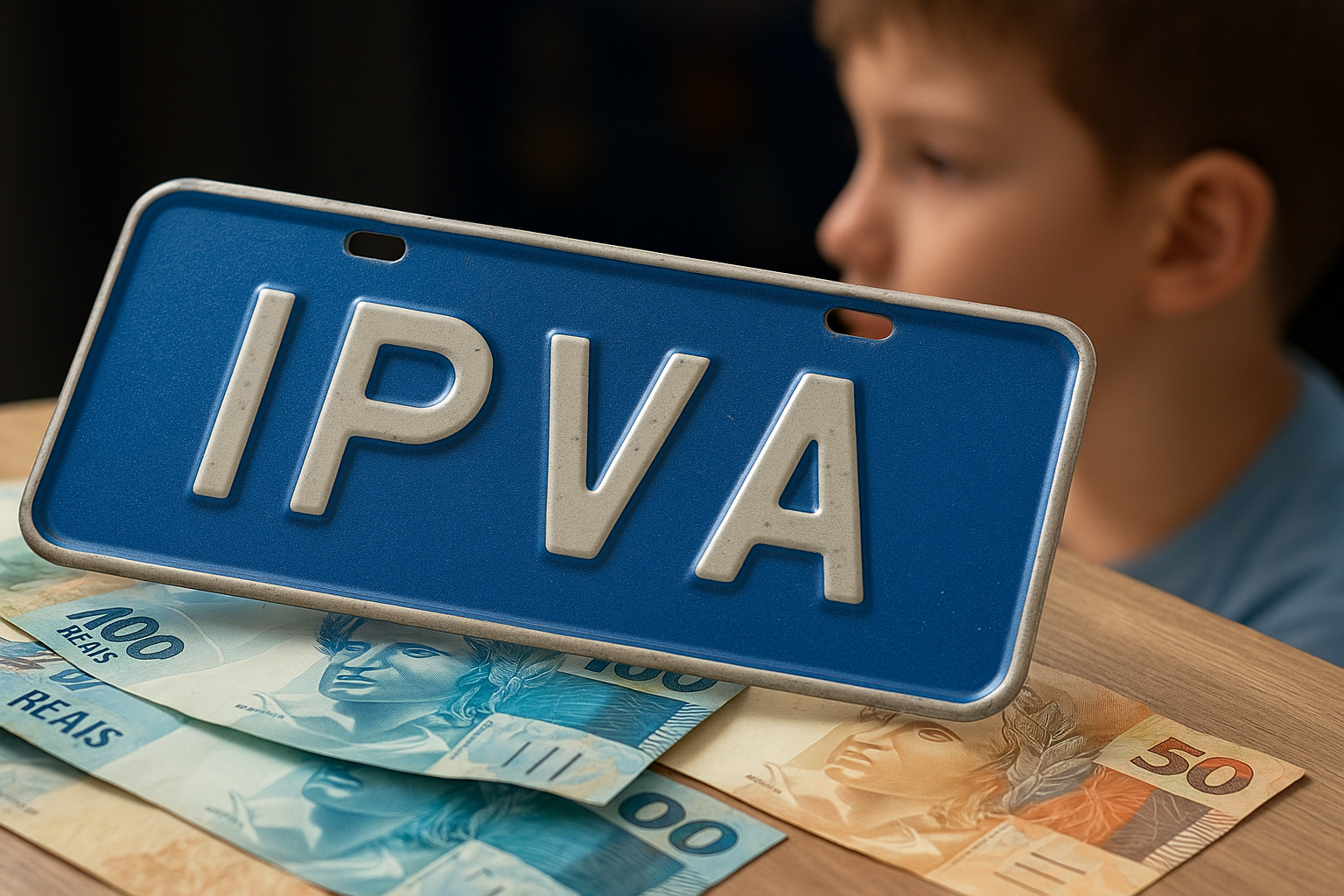 Placa azul com letras “IPVA” sobre notas de real, simbolizando a isenção do imposto para autistas conforme leis federais e estaduais de 2025.