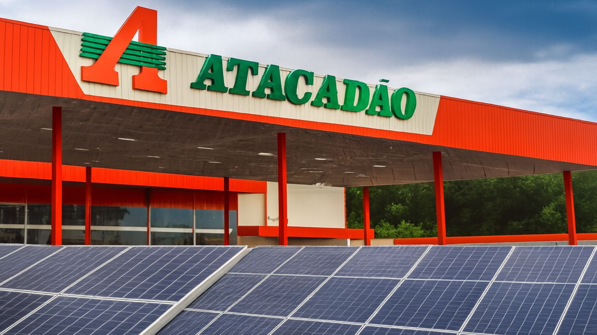 Fachada de loja Atacadão com painéis solares instalados em primeiro plano, sob céu nublado.