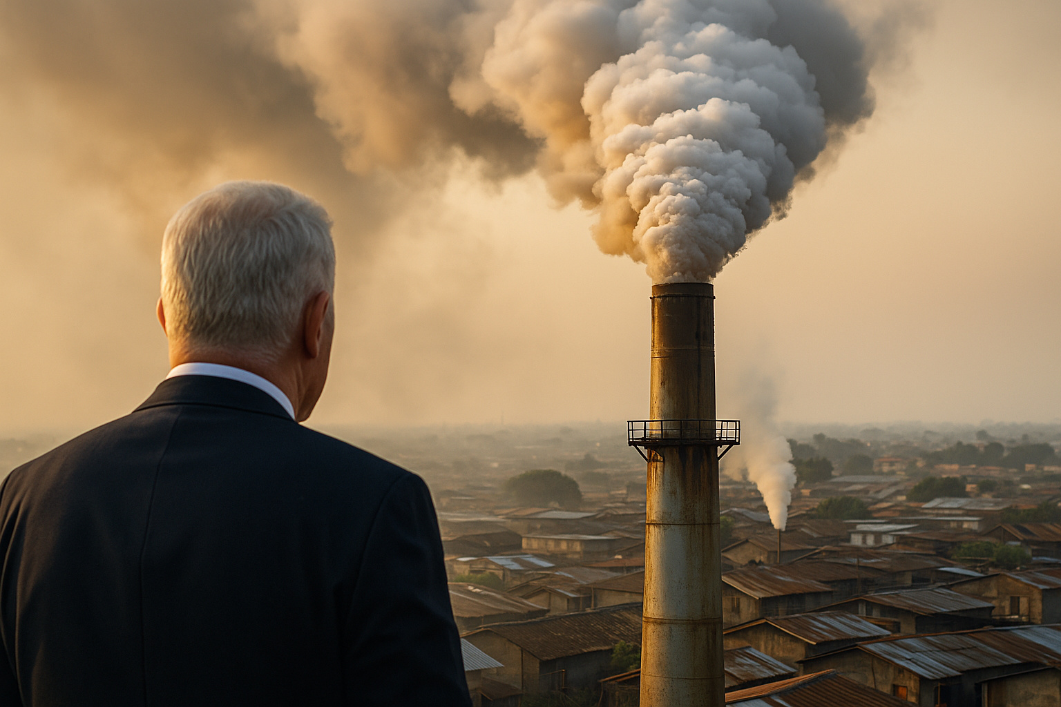 homem observa chaminé industrial emitindo fumaça sobre cidade ao entardecer, simbolizando a desigualdade climática e o impacto das emissões de carbono dos mais ricos
