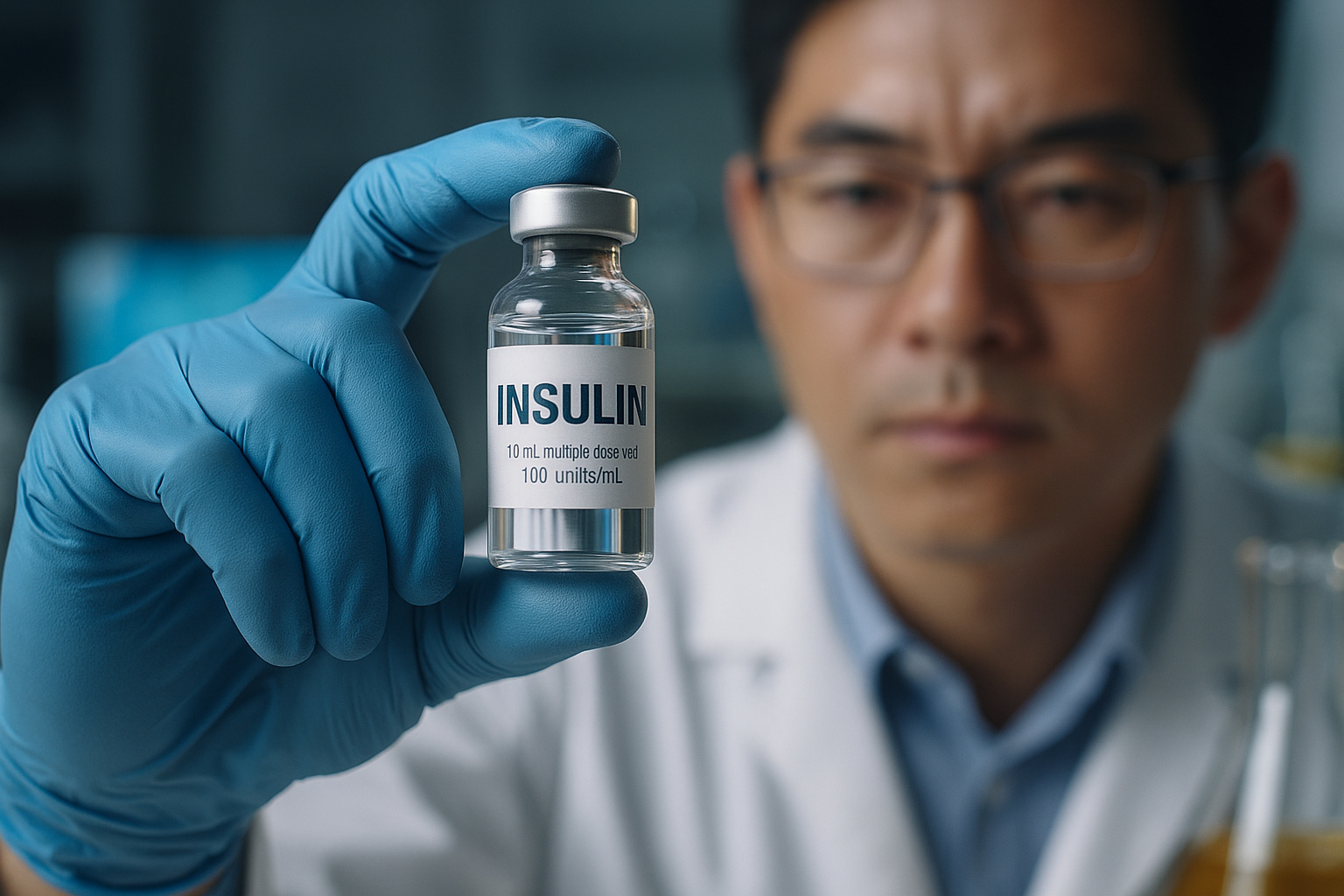 Cientista segura frasco de insulina em laboratório de alta tecnologia durante parceria entre Brasil e China.