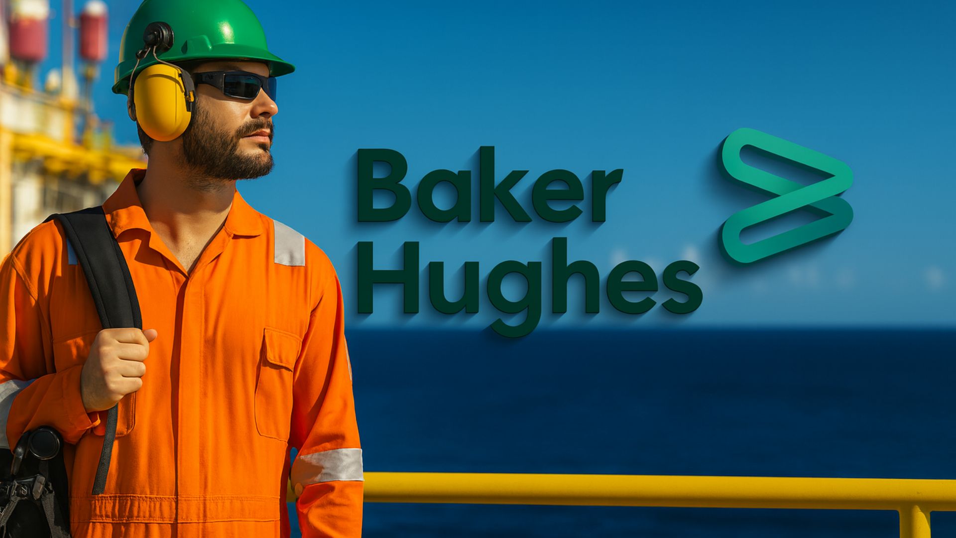 Trabalhador offshore com uniforme laranja e capacete verde em uma plataforma de petróleo, com o logotipo da Baker Hughes ao fundo sobre o mar azul.