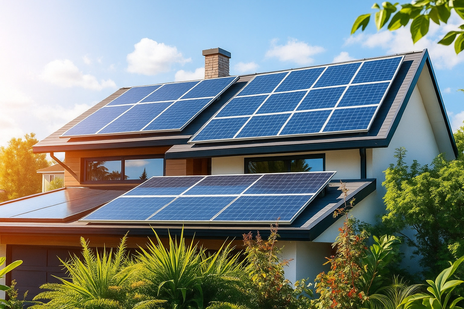 Casa moderna com painéis solares no telhado sob céu azul com poucas nuvens.