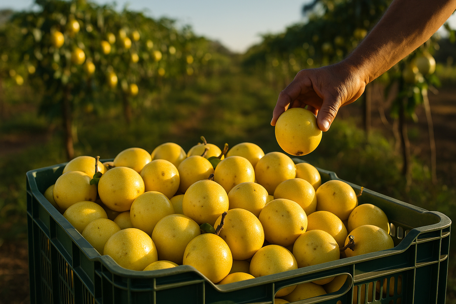 Colheita de maracujás maduros em plantação no Ceará, com um trabalhador colocando frutos amarelos em uma caixa plástica sob luz solar intensa.