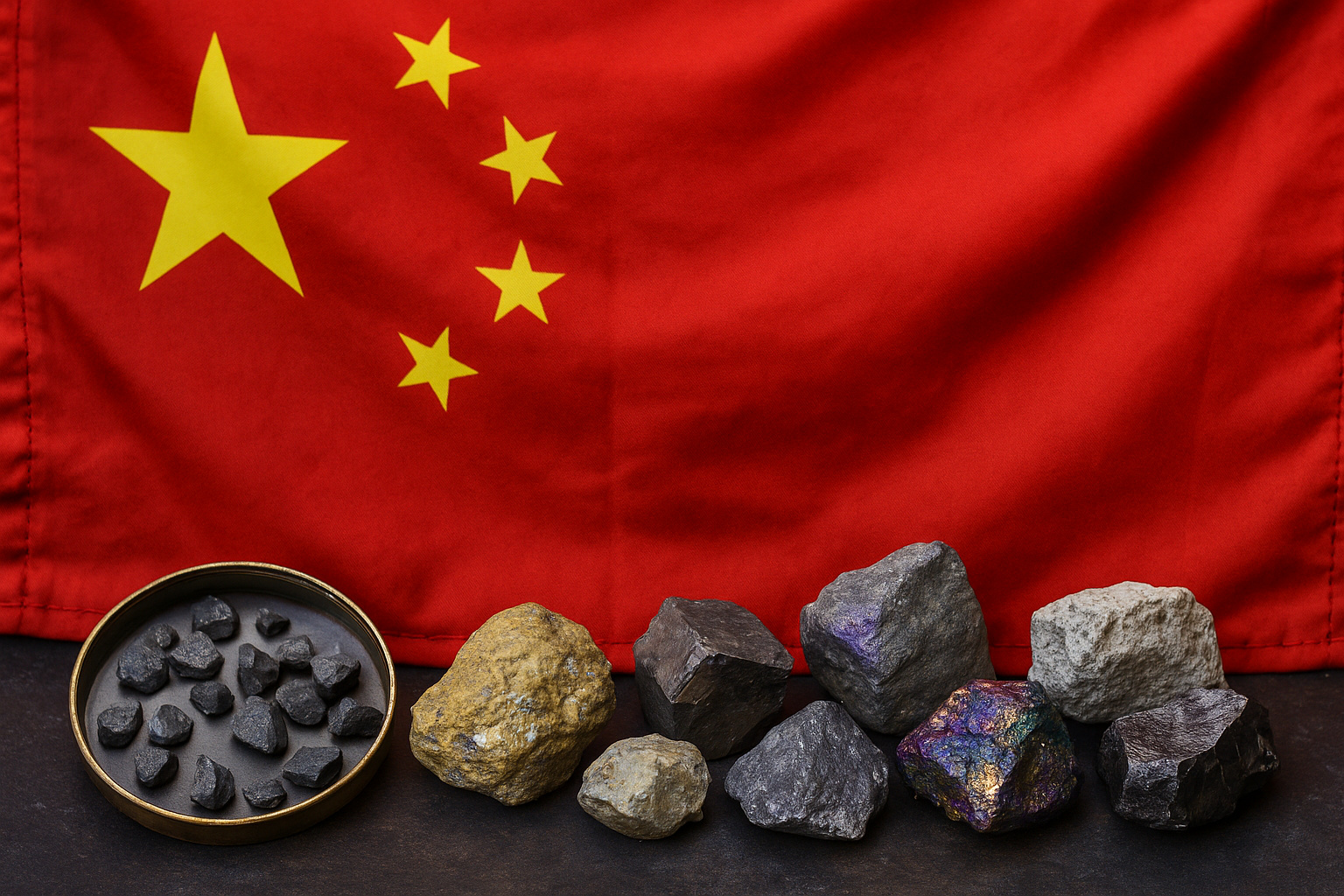 Amostras de minerais de terras raras sobre superfície escura com a bandeira da China ao fundo, simbolizando o domínio chinês sobre esses recursos.