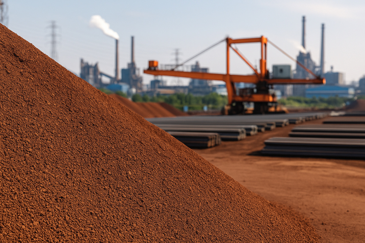 Minério de ferro em pilhas vermelhas sob grua industrial na China durante o pôr do sol, simbolizando estímulos econômicos e aumento da produção de aço.