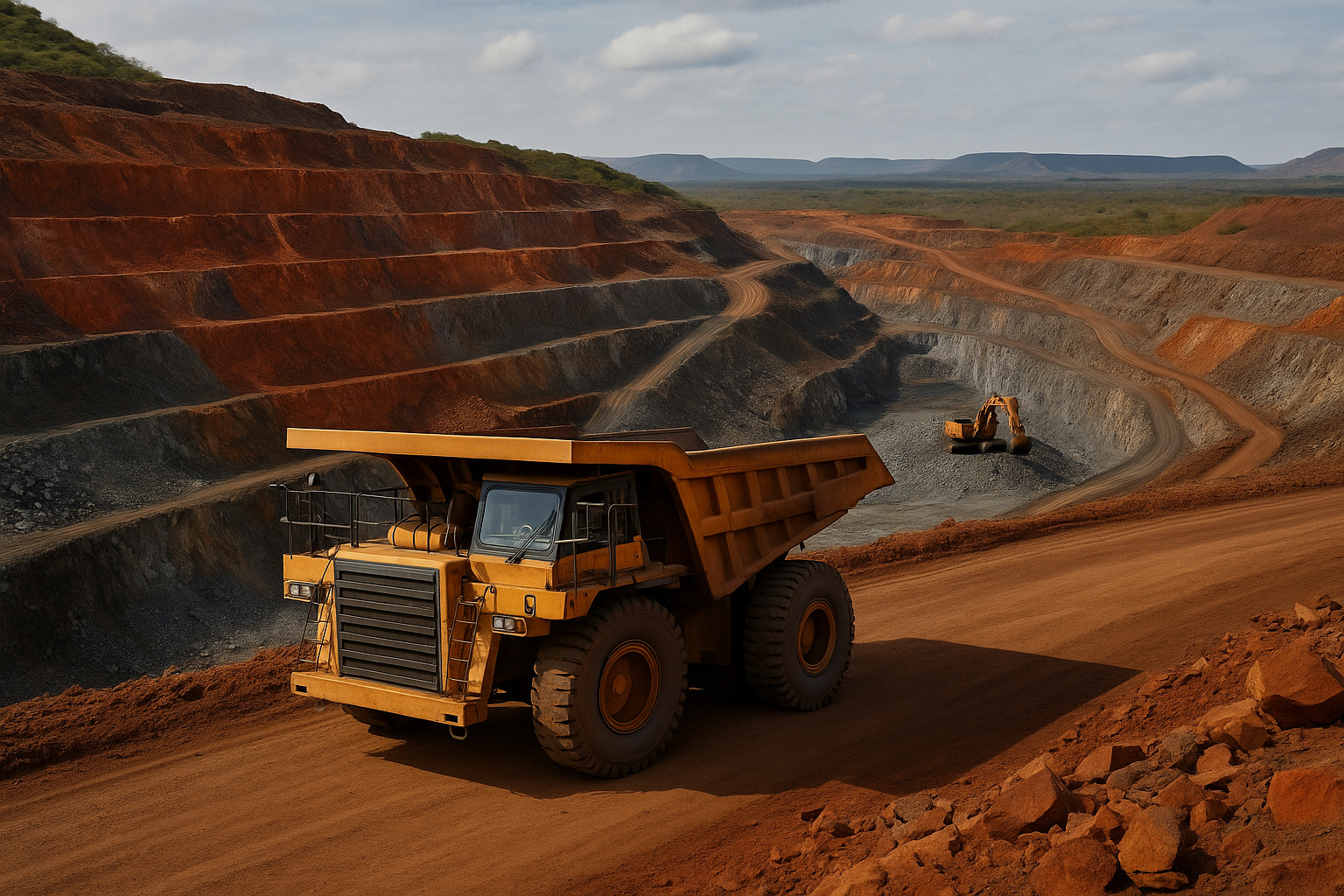 Vista ultra realista de uma mina de ferro e níquel no Piauí, com caminhão de carga e escavadeira em operação sob céu limpo e relevo avermelhado.