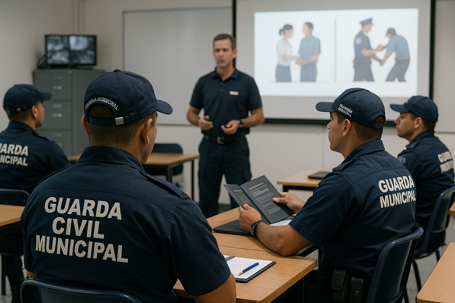 Guardas municipais em treinamento tático dentro de sala de aula, representando a capacitação e modernização promovidas pelo programa Município Mais Seguro.