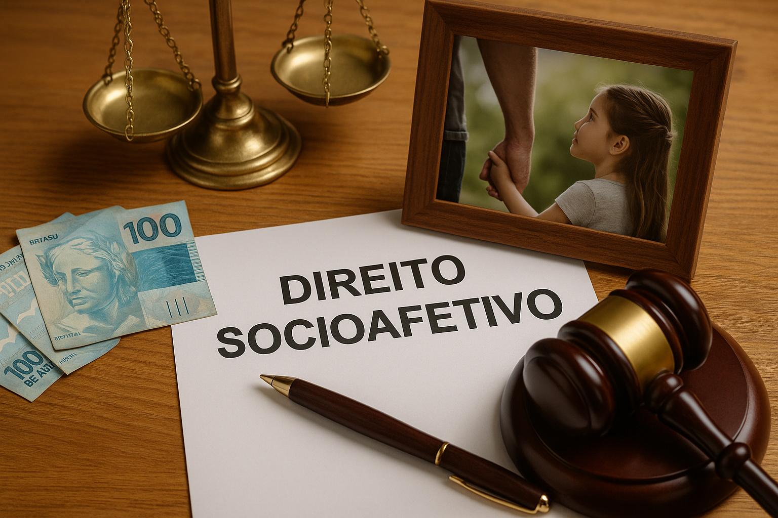 Cena ilustrativa ultra realista de elementos jurídicos brasileiros representando decisão sobre filiação socioafetiva, com martelo de juiz, balança da justiça, notas de reais e foto de pai e filha.