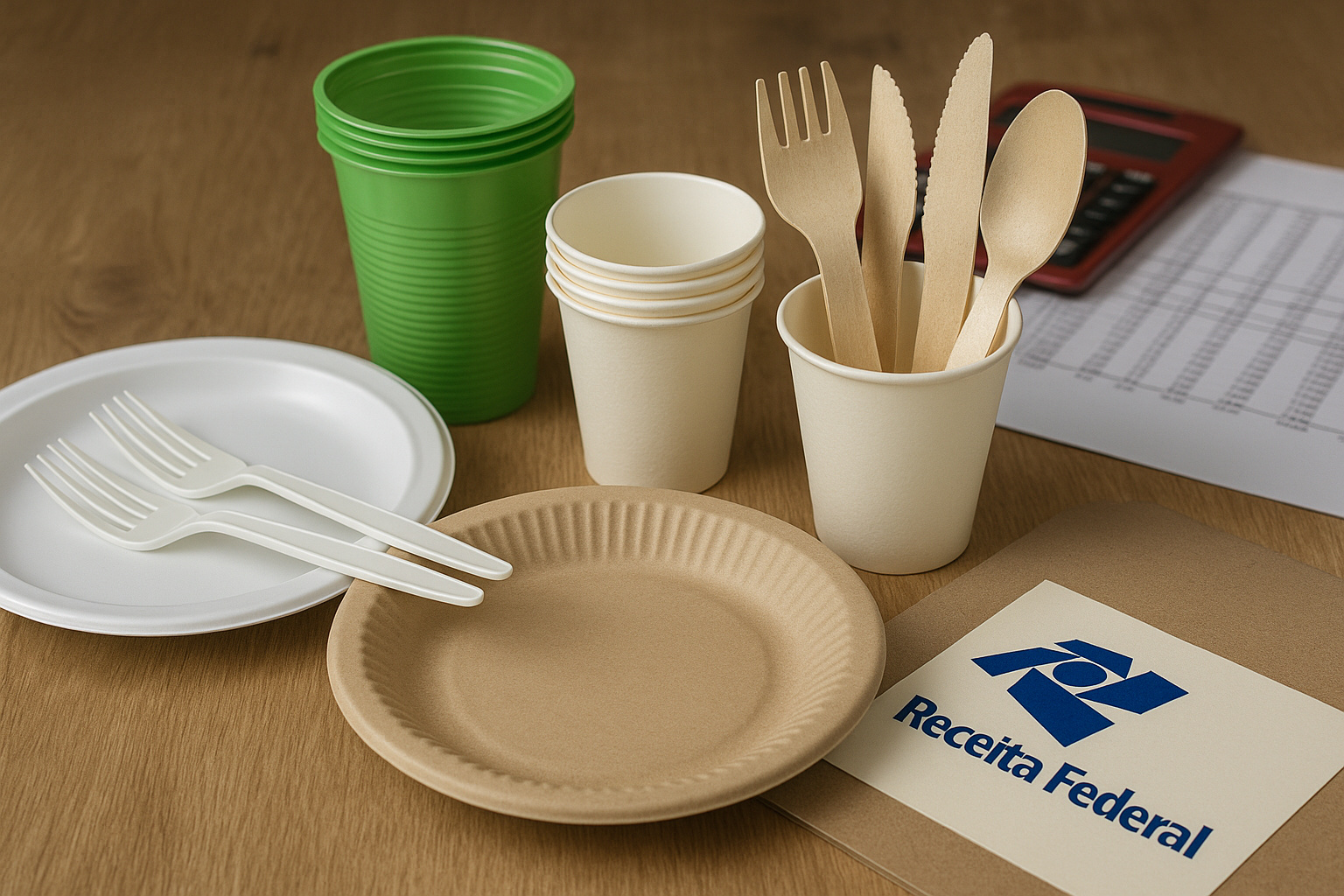 Copos, pratos e talheres biodegradáveis dispostos sobre uma mesa de madeira com documentos fiscais e logotipo da Receita Federal no canto inferior direito, simbolizando a nova cobrança de impostos sobre descartáveis sustentáveis no Brasil.